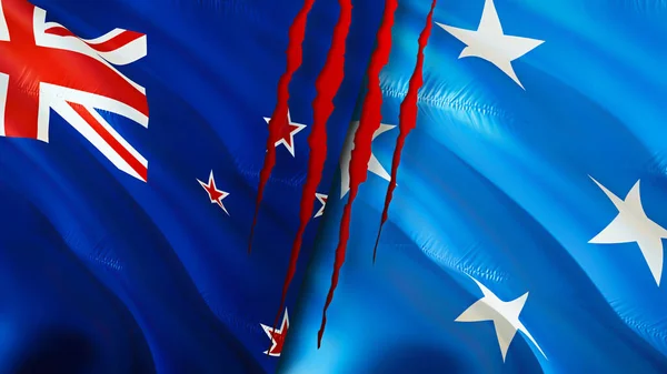Флаги Новой Зеландии Микронезии Шрамом Трехмерный Рендеринг Флага Концепция Конфликта — стоковое фото