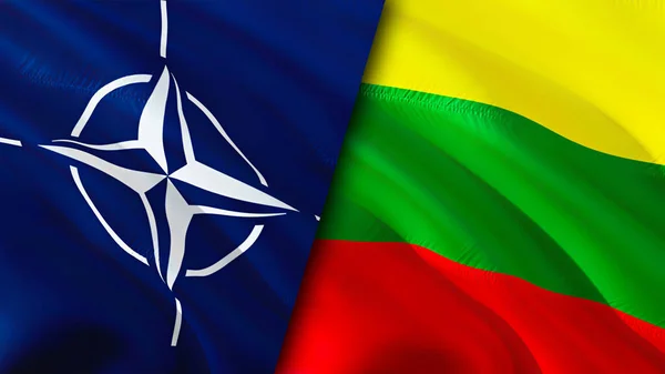 NATO and Lithuania flags. 3D Waving flag design. Lithuania NATO flag, picture, wallpaper. NATO vs Lithuania image,3D rendering. NATO Lithuania relations alliance and Trade,travel,tourism concep