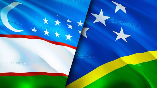 Uzbekistan and Solomon Islands flags. 3D Waving flag design. Uzbekistan Solomon Islands flag, picture, wallpaper. Uzbekistan vs Solomon Islands image,3D rendering. Uzbekistan Solomon Island