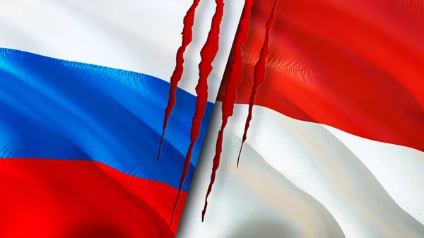 Banderas Rusia Indonesia Con Concepto Cicatriz Bandera Ondeante Representación Rusia — Foto de Stock
