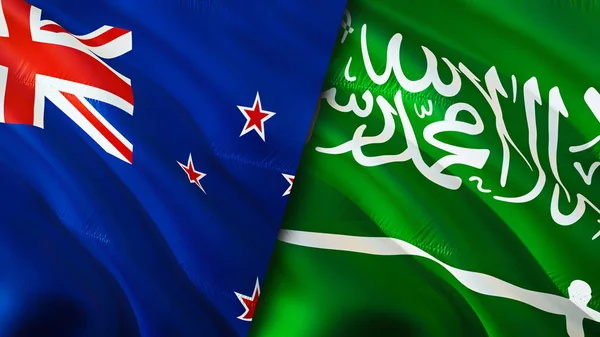 New Zealand and Saudi Arabia flags. 3D Waving flag design. New Zealand Saudi Arabia flag, picture, wallpaper. New Zealand vs Saudi Arabia image,3D rendering. New Zealand Saudi Arabia relations wa