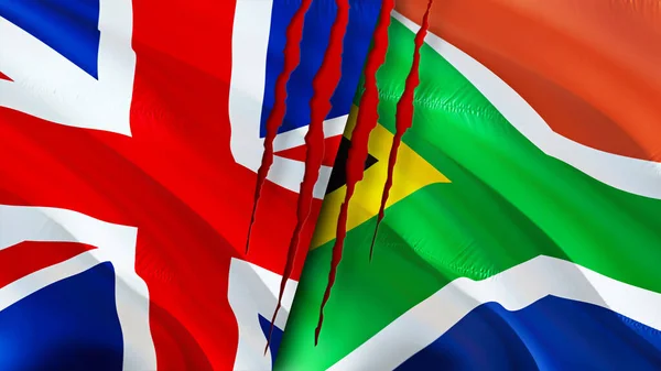 United Kingdom and South Africa flags with scar concept. Waving flag,3D rendering. United Kingdom and South Africa conflict concept. United Kingdom South Africa relations concept. flag of Unite