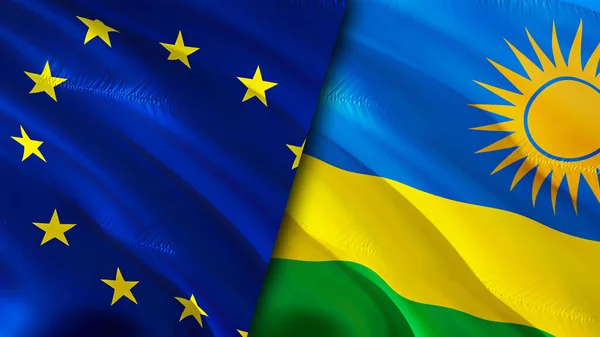 European Union and Rwanda flags. 3D Waving flag design. European Union Rwanda flag, picture, wallpaper. European Union vs Rwanda image,3D rendering. European Union Rwanda relations alliance an