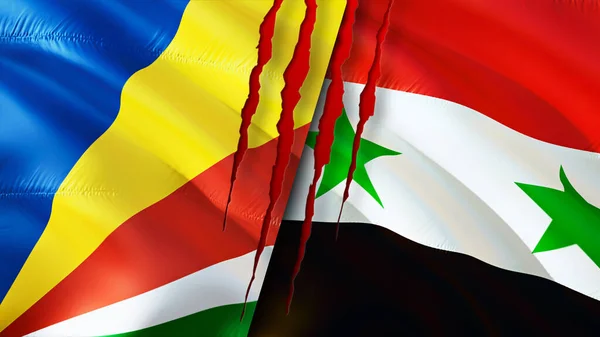 Seychelles and Syria flags with scar concept. Waving flag,3D rendering. Seychelles and Syria conflict concept. Seychelles Syria relations concept. flag of Seychelles and Syria crisis,war, attac
