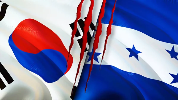 한국과 온두라스의 깃발에는 흉터가 웨이브 플래그 렌더링 한국과 온두라스의 충돌이라는 — 스톡 사진