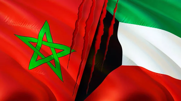 Флаги Марокко Кувейта Шрамом Флажок Рендеринг Концепция Конфликта Марокко Кувейте — стоковое фото
