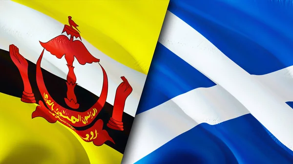 Brunei and Scotland flags. 3D Waving flag design. Brunei Scotland flag, picture, wallpaper. Brunei vs Scotland image,3D rendering. Brunei Scotland relations alliance and Trade,travel,tourism concep