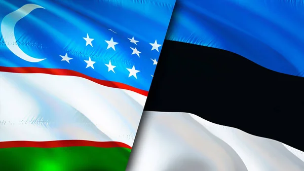 Uzbekistan and Estonia flags. 3D Waving flag design. Uzbekistan Estonia flag, picture, wallpaper. Uzbekistan vs Estonia image,3D rendering. Uzbekistan Estonia relations alliance an