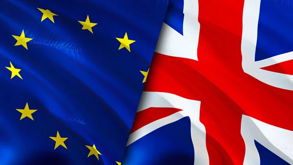 European Union and United Kingdom flags. 3D Waving flag design. European Union United Kingdom flag, picture, wallpaper. European Union vs United Kingdom image,3D rendering. European Union Unite