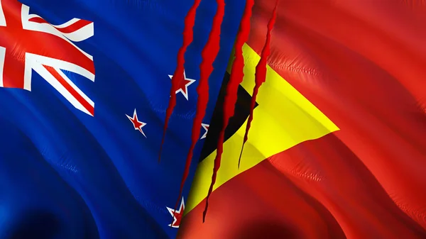 Banderas Nueva Zelanda Timor Oriental Con Concepto Cicatriz Ondeando Bandera — Foto de Stock