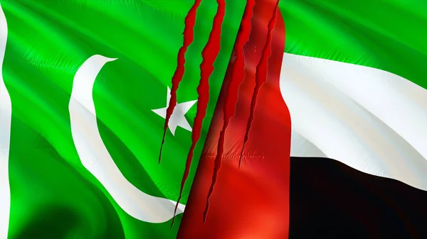 파키스탄과 아랍에미리트의 깃발에는 상처가 웨이브 플래그 렌더링 파키스탄과 아랍에미리트간의 분쟁이 — 스톡 사진