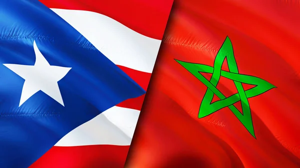 Puerto Rico and Morocco flags. 3D Waving flag design. Puerto Rico Morocco flag, picture, wallpaper. Puerto Rico vs Morocco image,3D rendering. Puerto Rico Morocco relations alliance an