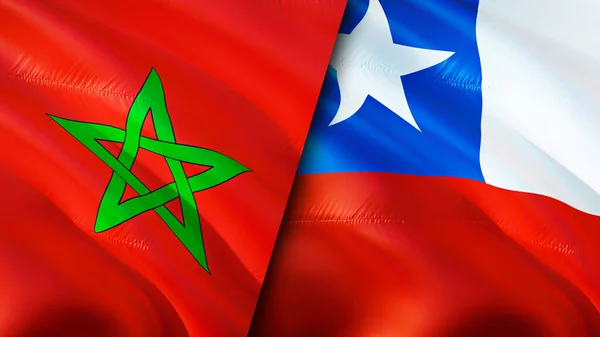 Morocco and Chile flags. 3D Waving flag design. Morocco Chile flag, picture, wallpaper. Morocco vs Chile image,3D rendering. Morocco Chile relations alliance and Trade,travel,tourism concep