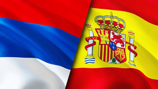 塞尔维亚和西班牙的国旗 3D波浪旗帜设计 塞尔维亚西班牙国旗 塞尔维亚对西班牙的图像 3D渲染 塞尔维亚西班牙关系联盟与贸易 — 图库照片