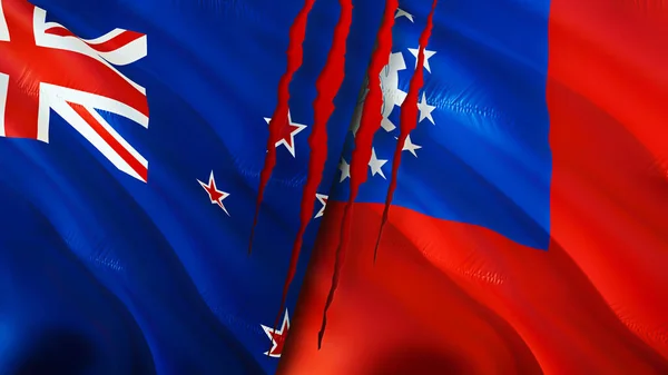 新西兰和Birma国旗的疤痕概念 波浪旗3D渲染 新西兰和Birma冲突概念 新西兰Birma关系概念 新西兰国旗和Birma危机 战争C — 图库照片