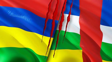 Mauritius ve Orta Afrika Cumhuriyeti yara izi kavramına sahip bayraklar. Dalgalanan bayrak, 3 boyutlu görüntüleme. Mauritius ve Orta Afrika Cumhuriyeti çatışma konsepti. Mauritius Orta Afrika Cumhuriyeti ilişkisi