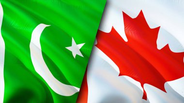 Pakistan ve Kanada bayrakları. 3 boyutlu dalgalanan bayrak tasarımı. Pakistan Kanada bayrağı, resim, duvar kağıdı. Pakistan, Kanada 'ya karşı, görüntü 3 boyutlu. Pakistan Kanada ilişkileri ittifak ve ticaret, seyahat, turizm konsepti