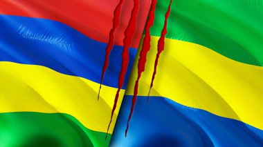 Mauritius ve Gabon yara izi olan bayraklar. Dalgalanan bayrak, 3 boyutlu görüntüleme. Mauritius ve Gabon çatışma konsepti. Mauritius Gabon ilişkileri kavramı. Mauritius ve Gabon bayrağı kriz, savaş, saldırı konsepti