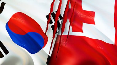 Güney Kore ve Tonga bayraklarında yara izi var. Dalgalanan bayrak, 3 boyutlu görüntüleme. Güney Kore ve Tonga çatışma konsepti. Güney Kore Tonga ilişkileri kavramı. Güney Kore bayrağı ve Tonga krizi, savaş, attac