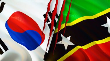 Güney Kore, Saint Kitts ve yara izi olan Nevis bayrakları. Dalgalanan bayrak, 3 boyutlu görüntüleme. Güney Kore ve Saint Kitts ve Nevis çatışma konsepti. Güney Kore Saint Kitts ve Nevis ilişkileri kavramı