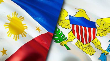 Filipinler ve ABD Virjin adaları bayrakları. 3 boyutlu dalgalanan bayrak tasarımı. Filipinler ABD Virjin Adaları bayrağı, resmi, duvar kağıdı. Filipinler, ABD Virjin Adaları 'na karşı. Görüntü 3D. Filipinler, ABD