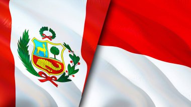 Peru ve Monako bayrakları. 3 boyutlu dalgalanan bayrak tasarımı. Peru Monako bayrağı, resim, duvar kağıdı. Peru, Monako 'ya karşı, görüntü 3 boyutlu. Peru Monako ilişkileri ittifak ve ticaret, seyahat, turizm konsepti