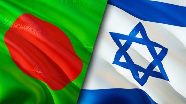 Bangladeş ve İsrail bayrakları. 3 boyutlu dalgalanan bayrak tasarımı. Bangladeş İsrail bayrağı, resim, duvar kağıdı. Bangladeş İsrail 'e karşı, görüntü 3 boyutlu. Bangladeş İsrail ilişkileri ittifak ve ticaret, seyahat, turnuva