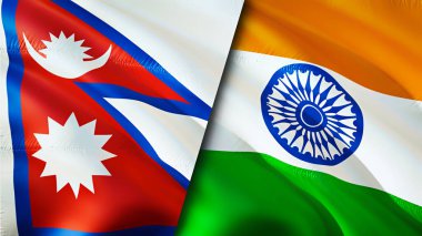 Nepal ve Hindistan bayrakları. 3 boyutlu dalgalanan bayrak tasarımı. Nepal Hindistan bayrağı, resim, duvar kağıdı. Nepal, Hindistan 'a karşı, görüntü 3 boyutlu. Nepal Hindistan ilişkileri ittifak ve ticaret, seyahat, turizm konsepti