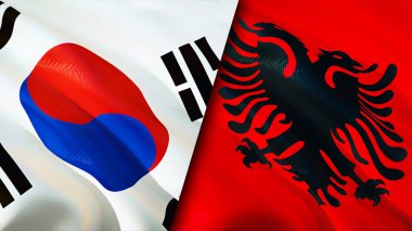 Güney Kore ve Arnavutluk bayrakları. 3 boyutlu dalgalanan bayrak tasarımı. Güney Kore Arnavutluk bayrağı, resim, duvar kağıdı. Güney Kore Arnavutluk 'a karşı, görüntü 3D. Güney Kore Arnavutluk ilişkileri