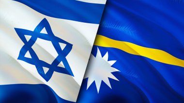 İsrail ve Nauru bayrakları. 3 boyutlu dalgalanan bayrak tasarımı. İsrail Nauru bayrağı, resim, duvar kağıdı. İsrail, Nauru 'ya karşı, görüntü 3 boyutlu. İsrail Nauru ilişkileri ittifak ve ticaret, seyahat, turizm konsepti