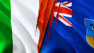 İrlanda ve Montserrat bayraklarında yara izi var. 3D bayrak sallama. İrlanda ve Montserrat çatışma konsepti. İrlanda Montserrat ilişkileri konsepti. İrlanda bayrağı ve Montserrat krizi, savaş