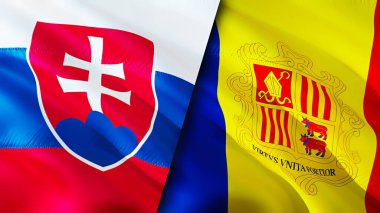 Slovakya ve Andorra bayrakları. 3 boyutlu dalgalanan bayrak tasarımı. Slovakya Andorra bayrağı, resim, duvar kağıdı. Slovakya, Andorra 'ya karşı, görüntü 3 boyutlu. Slovakya Andorra ilişkileri ittifak ve ticaret, seyahat, turnuva