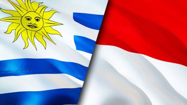 Uruguay ve Monako bayrakları. 3 boyutlu dalgalanan bayrak tasarımı. Uruguay Monako bayrağı, resim, duvar kağıdı. Uruguay, Monako 'ya karşı, görüntü 3 boyutlu. Uruguay Monako ilişkileri ittifak ve ticaret, seyahat, turizm konsepti