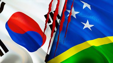 Güney Kore ve Solomon Adaları yara izi olan bayraklar. Dalgalanan bayrak, 3 boyutlu görüntüleme. Güney Kore ve Solomon Adaları çatışma konsepti. Güney Kore Solomon Adaları ilişkileri kavramı. Sout bayrağı