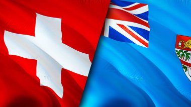 İsviçre ve Fiji bayrakları. 3 boyutlu dalgalanan bayrak tasarımı. İsviçre Fiji bayrağı, resim, duvar kağıdı. İsviçre Fiji 'ye karşı, görüntü 3D. İsviçre Fiji ilişkileri ittifak ve ticaret, seyahat, turnuva