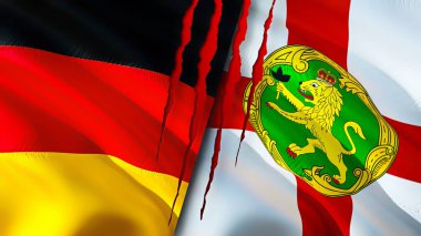 Almanya ve Alderney yara izi olan bayraklar. Dalgalanan bayrak, 3 boyutlu görüntüleme. Almanya ve Alderney çatışma konsepti. Almanya Alderney ilişkileri kavramı. Alman bayrağı ve Alderney krizi, savaş, attac