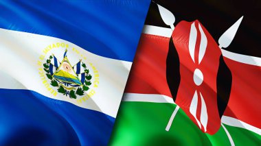 El Salvador ve Kenya bayrakları. 3 boyutlu dalgalanan bayrak tasarımı. El Salvador Kenya bayrağı, resim, duvar kağıdı. El Salvador, Kenya imajına karşı, 3D görüntüleme. El Salvador Kenya ilişkileri savaş ittifakı kavramı. Ticaret.