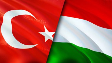 Hindi ve Macaristan bayrakları. 3 boyutlu dalgalanan bayrak tasarımı. Türkiye Macaristan bayrağı, resim, duvar kağıdı. Türkiye Macaristan 'a karşı, görüntü 3D. Türkiye Macaristan ilişkileri ittifak ve ticaret, seyahat ve turizm konsepti
