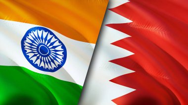 Hindistan ve Bahreyn bayrakları. 3 boyutlu dalgalanan bayrak tasarımı. Hindistan Bahreyn bayrağı, resim, duvar kağıdı. Hindistan Bahreyn 'e karşı, görüntü 3 boyutlu. Hindistan Bahreyn ilişkileri ittifak ve ticaret, seyahat, turizm konsepti