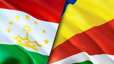 Tacikistan ve Seyşel bayrakları. 3 boyutlu dalgalanan bayrak tasarımı. Tacikistan Seyşeller bayrağı, resim, duvar kağıdı. Tacikistan, Seyşeller 'e karşı 3 boyutlu görüntü. Tacikistan Seyşeller İlişkiler İttifakı