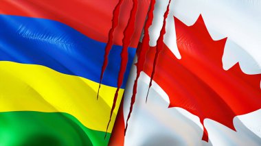 Mauritius ve Kanada bayrakları yara izi konseptiyle. Dalgalanan bayrak, 3 boyutlu görüntüleme. Mauritius ve Kanada çatışma konsepti. Mauritius Kanada ilişkileri kavramı. Mauritius ve Kanada bayrağı krizi, savaş, attac
