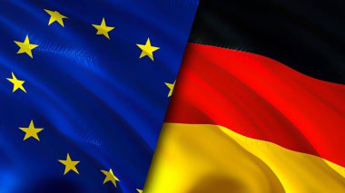 Avrupa Birliği ve Almanya bayrakları. 3 boyutlu dalgalanan bayrak tasarımı. Avrupa Birliği bayrağı, resim, duvar kağıdı. Avrupa Birliği, Almanya 'ya karşı imaj, 3D görüntüleme. Avrupa Birliği Almanya ilişkileri bir