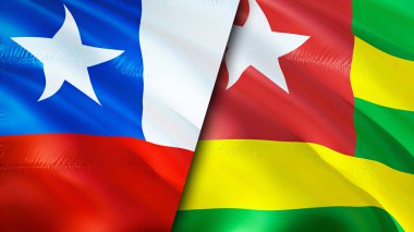 Şili ve Togo bayrakları. 3 boyutlu dalgalanan bayrak tasarımı. Şili Togo bayrağı, resim, duvar kağıdı. Şili Togo 'ya karşı, görüntü 3 boyutlu. Şili Togo ilişkileri ittifak ve ticaret, seyahat, turizm konsepti