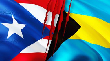 Porto Riko ve Bahamalar yara izi olan bayraklar. Dalgalanan bayrak, 3 boyutlu görüntüleme. Porto Riko ve Bahamalar çatışma konsepti. Porto Riko Bahamalar ilişkileri kavramı. Porto Riko ve Bahama bayrağı