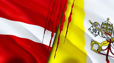 Yara izi olan Letonya ve Vatikan bayrakları. Dalgalanan bayrak, 3 boyutlu görüntüleme. Letonya ve Vatikan çatışma konsepti. Letonya Vatikan ilişkileri kavramı. Letonya bayrağı ve Vatikan krizi, savaş, saldırı konsepti