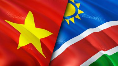 Vietnam ve Namibya bayrakları ve yara izi konsepti. Dalgalanan bayrak, 3 boyutlu görüntüleme. Vietnam ve Namibya çatışma konsepti. Vietnam Namibya ilişkileri kavramı. Vietnam bayrağı ve Namibya krizi, savaş, saldırı konsepti