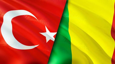 Hindi ve Mali bayrakları. 3 boyutlu dalgalanan bayrak tasarımı. Hindi Mali bayrağı, resim, duvar kağıdı. Türkiye, Mali 'ye karşı görüntü, 3D görüntüleme. Türkiye Mali ilişkileri ittifak ve ticaret, seyahat, turizm konsepti