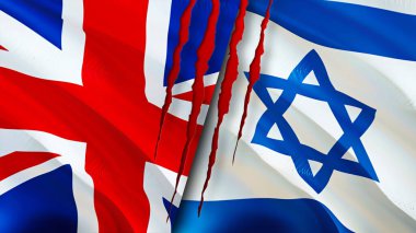 İngiltere ve İsrail yara izi kavramına sahip bayraklar. Dalgalanan bayrak, 3 boyutlu görüntüleme. Birleşik Krallık ve İsrail çatışma konsepti. Birleşik Krallık İsrail ilişkileri kavramı. Birleşik Krallık ve İsrail bayrağı