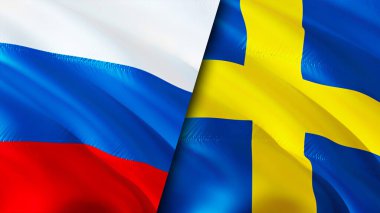 Rusya ve İsveç bayrakları. 3 boyutlu dalgalanan bayrak tasarımı. Rusya bayrağı, resim, duvar kağıdı. Rusya, İsveç imajına karşı, 3D görüntüleme. Rusya İsveç ilişkileri ittifak ve ticaret, seyahat, turizm konsepti