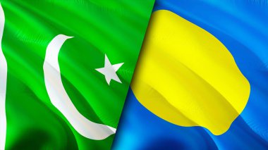 Pakistan ve Palau bayrakları. 3 boyutlu dalgalanan bayrak tasarımı. Pakistan Palau bayrağı, resim, duvar kağıdı. Pakistan, Palau 'ya karşı, görüntü 3 boyutlu. Pakistan Palau ilişkileri ittifak ve ticaret, seyahat, turizm konsepti